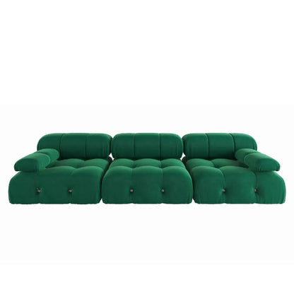 Modern emerald green velvet sectional sofa with plush upholstery, button tufting, and durable wood frame. Versatile design with individual seat cushions for ultimate comfort, supporting up to 330 lbs per seat. Perfect for living rooms, offering easy assembly and a sleek, contemporary style.