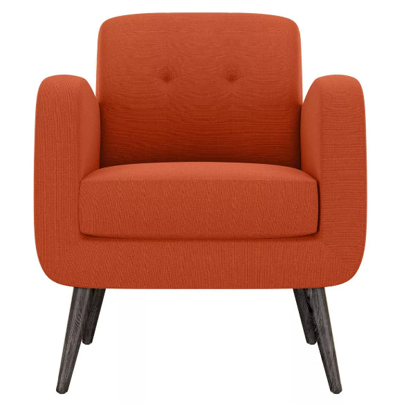 Vibrant orange accent chair with Mid-Century Modern design, featuring a tufted square back, curved arms, and dark espresso solid birch wood tapered legs. The chair is upholstered in durable, easy-to-clean 100% polyester fabric and includes a thick foam cushion for comfort. Ideal for small spaces, this compact chair blends style and function, perfect for a living room, office, or bedroom. Assembly required, with tools and instructions provided.