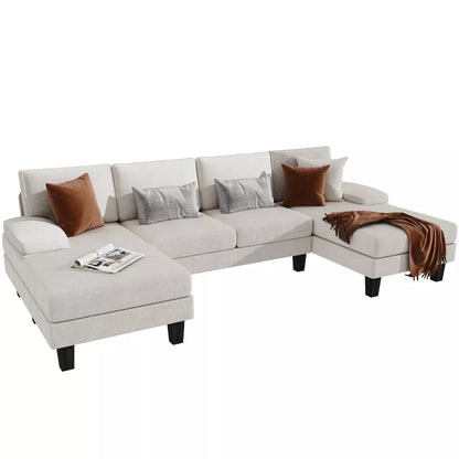 U-shaped sectional sofa with chaise lounges, featuring luxurious white velvet upholstery, high-density foam, and spring pack for ultimate comfort. Spacious enough to seat 4 people, with removable, machine-washable covers for easy cleaning. Perfect for family rooms or entertaining guests.