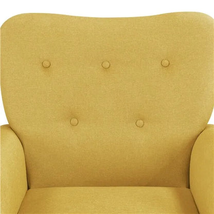 Mid-Century Modern Upholstered Fabric Accent Armchair in bold yellow with sleek tapered wooden legs, rolled arms, and tufted back buttons. The chair combines classic mid-century design with a vibrant yellow fabric, making it a stylish and comfortable statement piece for living rooms, bedrooms, offices, or studios.