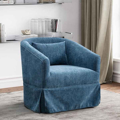 Set of two Teal Swivel Accent Chairs featuring a modern design with luxurious teal linen blend upholstery, a 360-degree swivel base, metal frame with wood accent detailing, and sturdy construction. These chairs provide exceptional comfort with foam and spring cushioning, making them ideal for lounging, relaxing, or entertaining. Versatile and family-friendly, they complement various décor styles in living rooms, offices, or bedrooms. Easy assembly with tools and instructions included.