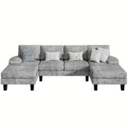 U-shaped sectional sofa with chaise lounges, featuring luxurious grey velvet upholstery, high-density foam, and spring pack for ultimate comfort. Spacious enough to seat 4 people, with removable, machine-washable covers for easy cleaning. Perfect for family rooms or entertaining guests.