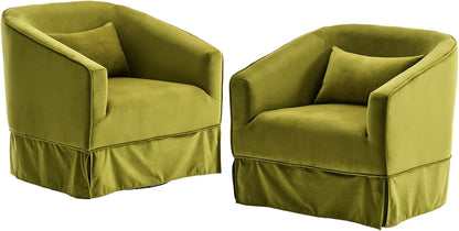 A set of two Juniper Olive Green Swivel Accent Chairs featuring a rich olive green fabric with soft, comfortable upholstery. The chairs are designed with a minimalist metal frame and elegant wood accent details. They include a 360-degree swivel base for easy rotation, offering flexibility and movement. The sturdy construction, foam and spring cushioning, and generous seating make these chairs perfect for living rooms, offices, bedrooms, or reading corners, combining modern design with timeless charm.