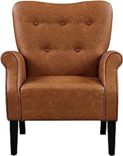 Retro-inspired brown accent chair featuring a sleek wingback design, rolled armrests, and black-finish tapered legs. Upholstered in water-resistant PU leather with a button-tufted backrest for added elegance. The chair offers a comfortable and stylish seating solution with its high-resiliency foam padding and durable rubberwood legs. Perfect for living rooms, bedrooms, offices, or cozy reading nooks, this chair combines timeless mid-century modern charm with versatile functionality.