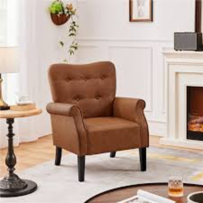 Retro-inspired brown accent chair featuring a sleek wingback design, rolled armrests, and black-finish tapered legs. Upholstered in water-resistant PU leather with a button-tufted backrest for added elegance. The chair offers a comfortable and stylish seating solution with its high-resiliency foam padding and durable rubberwood legs. Perfect for living rooms, bedrooms, offices, or cozy reading nooks, this chair combines timeless mid-century modern charm with versatile functionality.