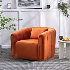 Orange velvet barrel swivel chair with lumbar pillow, featuring a 360-degree swivel design, high-density foam cushioning, and sturdy metal base. Adds bold color and modern elegance to any room, perfect for relaxation and style.