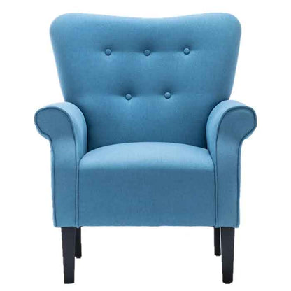 A stylish and elegant Baby Blue Wingback Accent Chair with a tufted backrest, soft linen fabric, and padded armrests. The chair features a wide cushioned seat and sleek, tapered wood legs with rubber inserts. Its modern design with retro-inspired elements adds a sophisticated touch to any room, offering both comfort and timeless appeal for lounging, reading, or relaxing. The chair is ideal for living rooms, offices, or sunrooms.