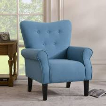 A stylish and elegant Baby Blue Wingback Accent Chair with a tufted backrest, soft linen fabric, and padded armrests. The chair features a wide cushioned seat and sleek, tapered wood legs with rubber inserts. Its modern design with retro-inspired elements adds a sophisticated touch to any room, offering both comfort and timeless appeal for lounging, reading, or relaxing. The chair is ideal for living rooms, offices, or sunrooms.