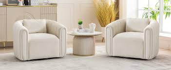 Set of beige barrel swivel chairs with lumbar pillows, featuring soft velvet upholstery, 360-degree swivel design, and high-density foam cushioning. The modern, timeless barrel shape adds sophistication, while the lumbar pillows provide extra support for comfort. Perfect for living rooms, bedrooms, or offices, offering elegance and practicality.