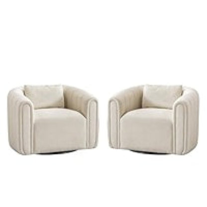 Set of beige barrel swivel chairs with lumbar pillows, featuring soft velvet upholstery, 360-degree swivel design, and high-density foam cushioning. The modern, timeless barrel shape adds sophistication, while the lumbar pillows provide extra support for comfort. Perfect for living rooms, bedrooms, or offices, offering elegance and practicality.