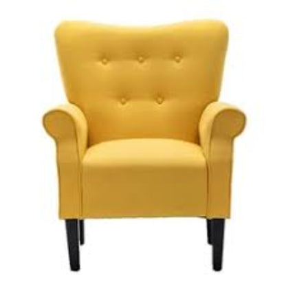 A Citrine Yellow Solid Accent Chair featuring a vibrant, bold yellow hue with a high backrest, cushioned seat, and tapered wooden legs, offering a modern yet timeless design. Perfect for adding a pop of color and comfort to living rooms, offices, or reading nooks.