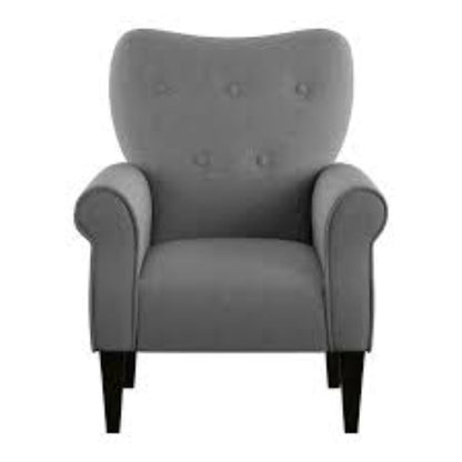 Mid-century modern dark gray upholstered fabric accent armchair with tufted back buttons, rolled arms, and tapered wooden legs. This chair combines stylish elegance with comfort, featuring plush foam seating and a sturdy rubberwood frame, making it an ideal addition to living rooms, offices, or bedrooms.
