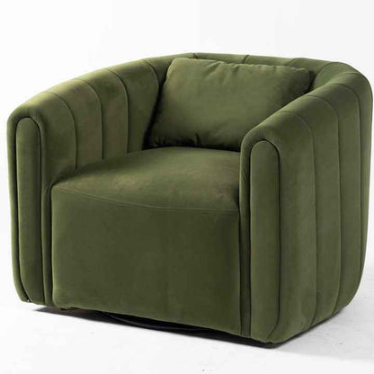 Set of two Juniper green barrel swivel chairs with lumbar pillows, featuring plush velvet upholstery, 360-degree swivel design, and high-density foam cushioning. The ergonomic chairs combine modern elegance with timeless comfort, perfect for any living room, bedroom, or office. Each chair includes a supportive lumbar pillow for added comfort and proper posture.