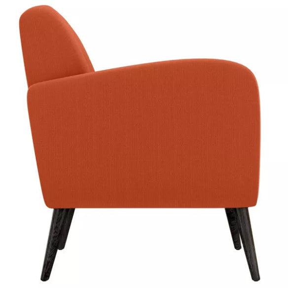 Vibrant orange accent chair with Mid-Century Modern design, featuring a tufted square back, curved arms, and dark espresso solid birch wood tapered legs. The chair is upholstered in durable, easy-to-clean 100% polyester fabric and includes a thick foam cushion for comfort. Ideal for small spaces, this compact chair blends style and function, perfect for a living room, office, or bedroom. Assembly required, with tools and instructions provided.