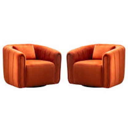 A set of two luxurious barrel swivel chairs in a rich burnt orange velvet upholstery, featuring a sleek, modern design with ergonomic comfort. Each chair is designed with a smooth 360-degree swivel base for easy movement and flexibility. The chairs come with supportive lumbar pillows for extra comfort and proper posture, as well as high-density foam cushioning that contours to your body. The timeless barrel shape, solid wood frame, and metal swivel base ensure durability, while the warm burnt orange hue add