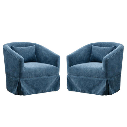 Set of two Teal Swivel Accent Chairs featuring a modern design with luxurious teal linen blend upholstery, a 360-degree swivel base, metal frame with wood accent detailing, and sturdy construction. These chairs provide exceptional comfort with foam and spring cushioning, making them ideal for lounging, relaxing, or entertaining. Versatile and family-friendly, they complement various décor styles in living rooms, offices, or bedrooms. Easy assembly with tools and instructions included.