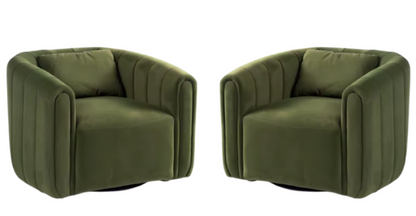 Set of two Juniper green barrel swivel chairs with lumbar pillows, featuring plush velvet upholstery, 360-degree swivel design, and high-density foam cushioning. The ergonomic chairs combine modern elegance with timeless comfort, perfect for any living room, bedroom, or office. Each chair includes a supportive lumbar pillow for added comfort and proper posture.