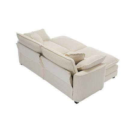Luxurious cream beige velvet corduroy sofa with deep cushions, foam and pocket spring construction, sleek black plastic legs, offering sophisticated comfort and versatile style for modern living rooms, offices, and apartments.