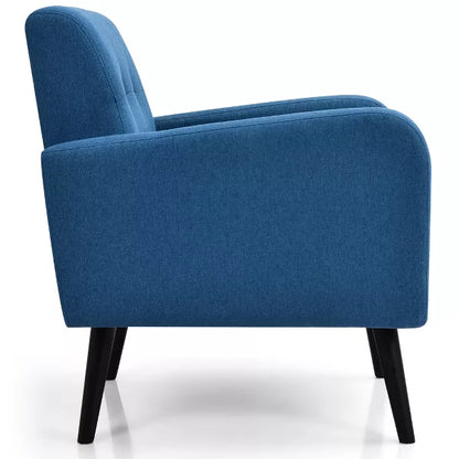 Navy blue accent chair with Mid-Century Modern design featuring a square tufted back and curved arms. The chair has a thick 6-inch foam cushion supported by sinuous springs and sits on solid birch wood tapered legs with a dark espresso finish. Ideal for small spaces, it combines comfort, durability, and timeless elegance, making it a stylish addition to any living room, office, or bedroom.