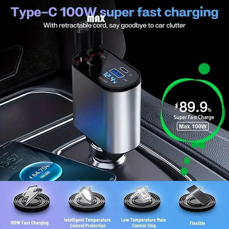 Super Fast Multi-Device Car Charger-Retractable 4-In-1 Cables for Iphone Samsung Xiaomi,Tangle-Free, Ultra-Quick Charging