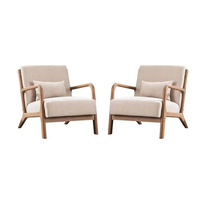 Beige low-back accent chairs with plush cushions and breathable fabric for comfort. Ergonomic design with added pillows for back and neck support. Durable solid wood frame, supports up to 250 lbs, and includes footpads to protect floors. Perfect for living rooms, bedrooms, or offices, offering lasting comfort and style.
