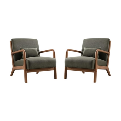 Set of 2 juniper olive green low-back accent chairs with ergonomic design, plush cushions, and durable wood frame. Perfect for living rooms, bedrooms, or offices, offering comfort and style with easy maintenance.