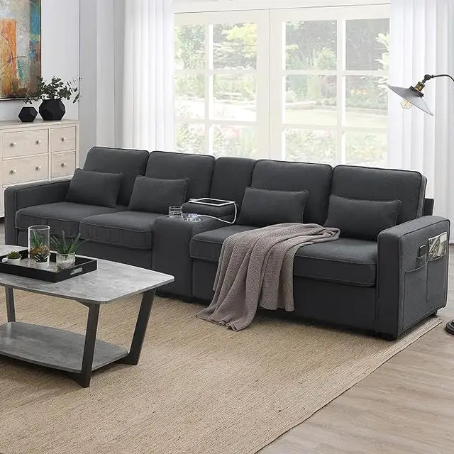 Upholstered Sectional Sofa with Console, Holders and USB Ports & Wirelessly Charged, for Living Room, Apartment,Office,114.2Inch