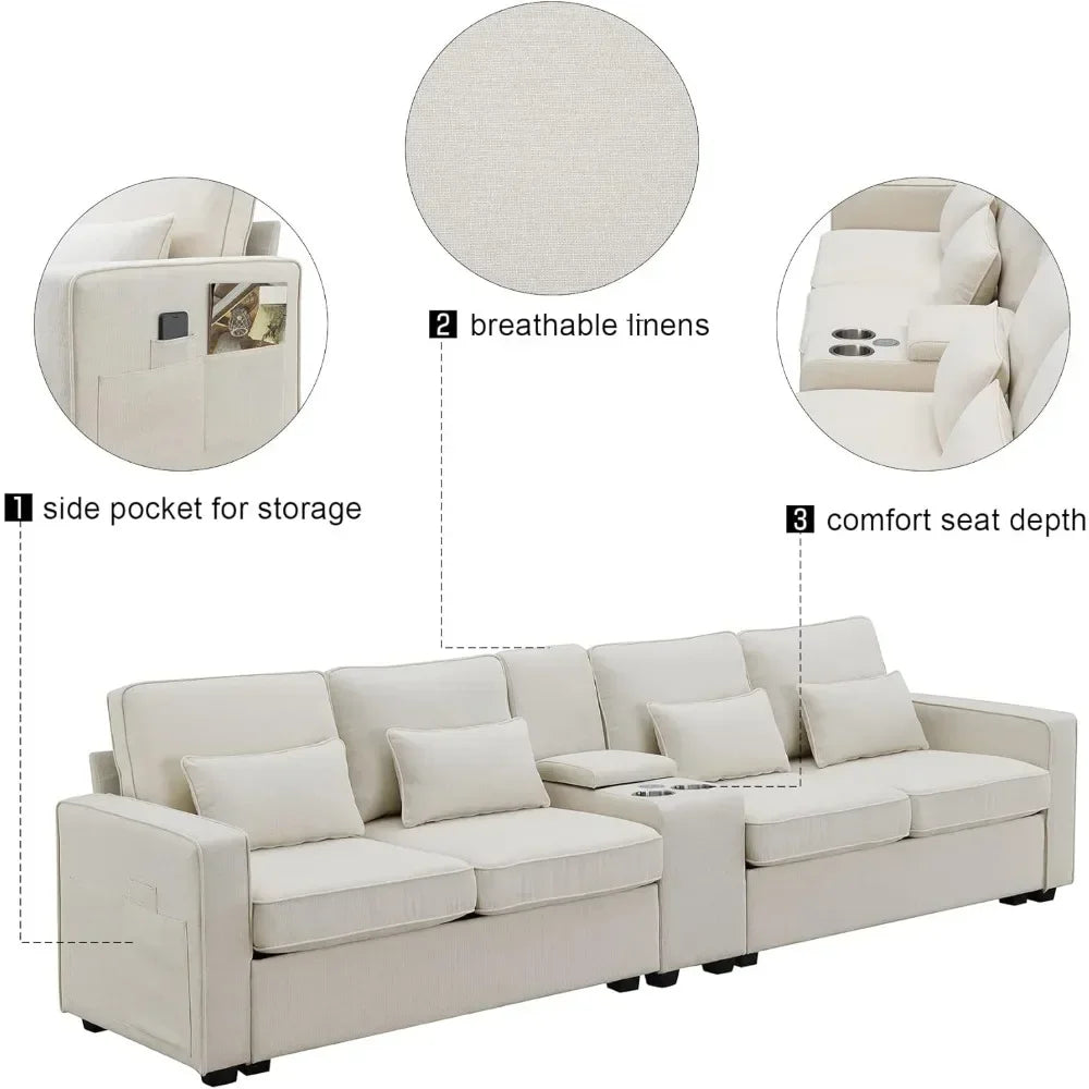 Upholstered Sectional Sofa with Console, Holders and USB Ports & Wirelessly Charged, for Living Room, Apartment,Office,114.2Inch