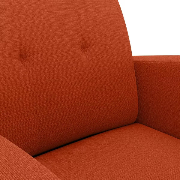 Vibrant orange accent chair with Mid-Century Modern design, featuring a tufted square back, curved arms, and dark espresso solid birch wood tapered legs. The chair is upholstered in durable, easy-to-clean 100% polyester fabric and includes a thick foam cushion for comfort. Ideal for small spaces, this compact chair blends style and function, perfect for a living room, office, or bedroom. Assembly required, with tools and instructions provided.