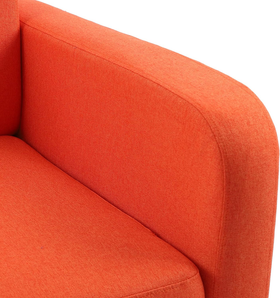 Vibrant orange accent chair with Mid-Century Modern design, featuring a tufted square back, curved arms, and dark espresso solid birch wood tapered legs. The chair is upholstered in durable, easy-to-clean 100% polyester fabric and includes a thick foam cushion for comfort. Ideal for small spaces, this compact chair blends style and function, perfect for a living room, office, or bedroom. Assembly required, with tools and instructions provided.
