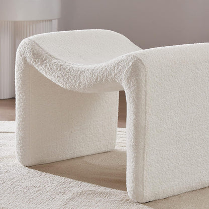 Modern white semicircular pedal stool with soft lint and sherpa lining, engineered wood frame, and versatile design for footrest, extra seating, or decorative accent. Ideal for living rooms, bedrooms, and hallways.