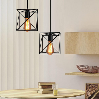 Adjustable black industrial pendant light with geometric metal shade for home decor.