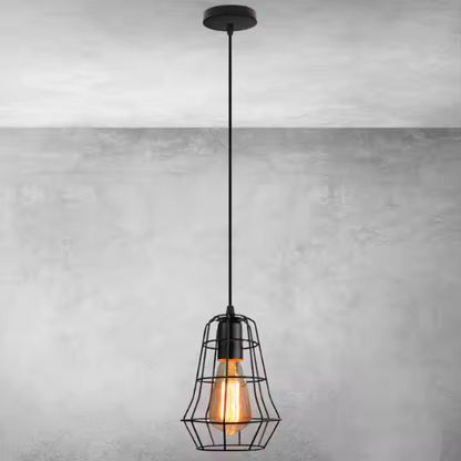 Adjustable black iron cage pendant light with E27 socket for industrial and vintage lighting.