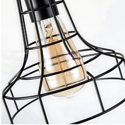 Adjustable black metal farmhouse pendant light with cage shade, E27 base, for industrial and rustic lighting.