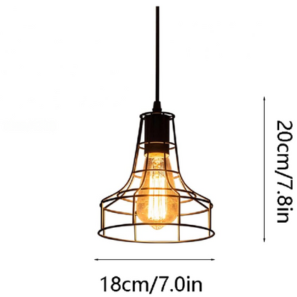 Adjustable black metal farmhouse pendant light with cage shade, E27 base, for industrial and rustic lighting.