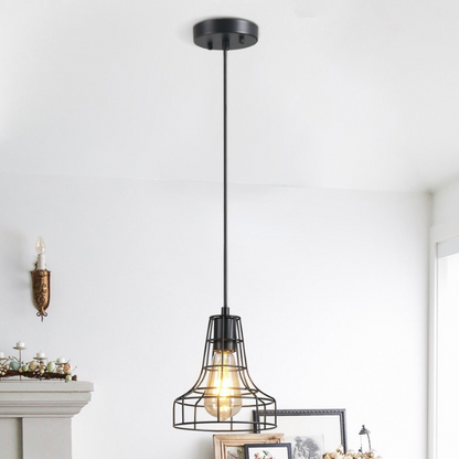 Adjustable black metal farmhouse pendant light with cage shade, E27 base, for industrial and rustic lighting.