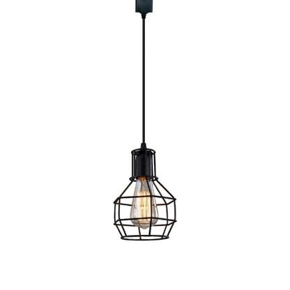 Adjustable black metal retro pendant light with geometric cage shade for modern home decor.