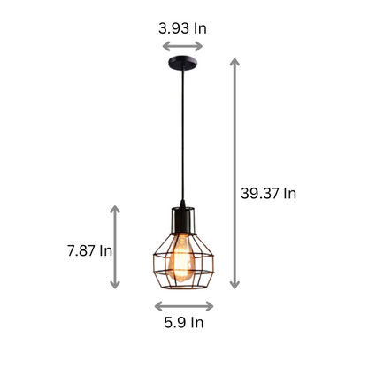 Adjustable black metal retro pendant light with geometric cage shade for modern home decor.