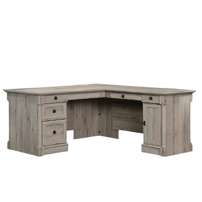 Adjustable L-Shaped Office Desk with File Drawer and Split Oak Finish