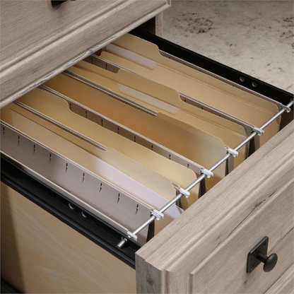 Adjustable L-Shaped Office Desk with File Drawer and Split Oak Finish