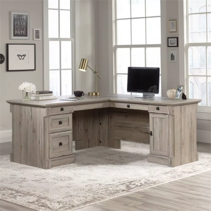 Adjustable L-Shaped Office Desk with File Drawer and Split Oak Finish