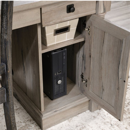 Adjustable L-Shaped Office Desk with File Drawer and Split Oak Finish