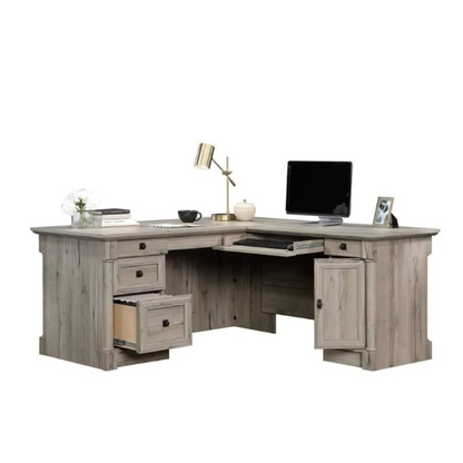Adjustable L-Shaped Office Desk with File Drawer and Split Oak Finish