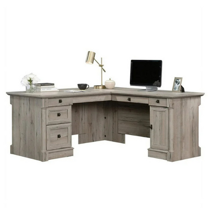 Adjustable L-Shaped Office Desk with File Drawer and Split Oak Finish