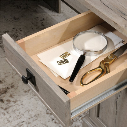 Adjustable L-Shaped Office Desk with File Drawer and Split Oak Finish