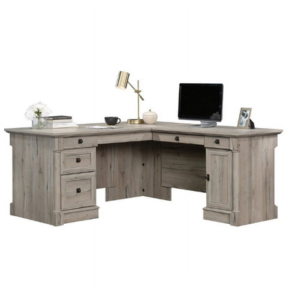 Adjustable L-Shaped Office Desk with File Drawer and Split Oak Finish