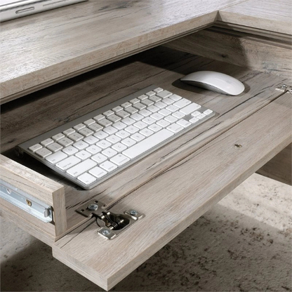 Adjustable L-Shaped Office Desk with File Drawer and Split Oak Finish