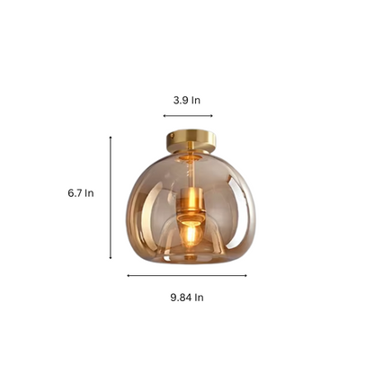Amber Glass Ceiling Light with Brass Base, Modern Mid-Century Flush Mount Fixture for Living Room and Kitchen