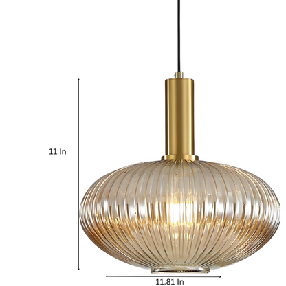Modern amber glass pendant light with black metal frame and gold accent finishes – industrial chandelier design for dining room, kitchen, or living room.