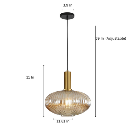 Modern amber glass pendant light with black metal frame and gold accent finishes – industrial chandelier design for dining room, kitchen, or living room.